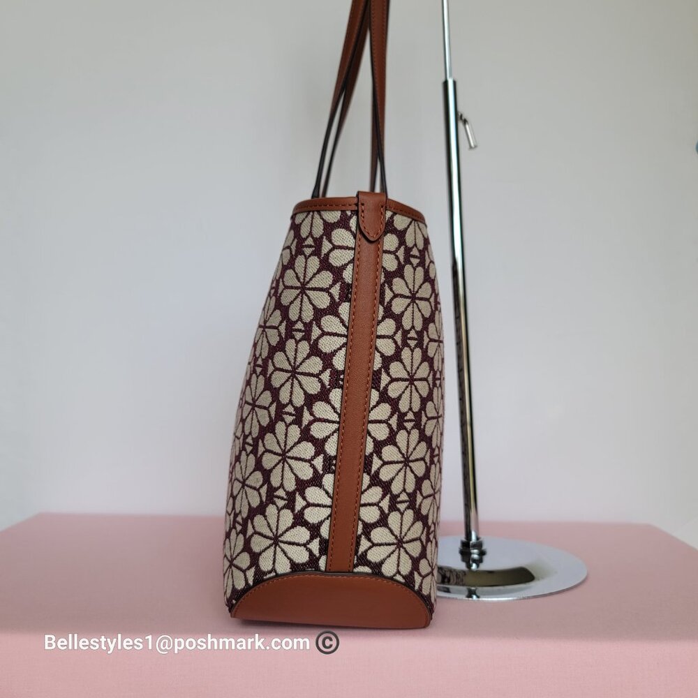 KATE SPADE Spade-Flower Jacquard and Leather Medium Open Tote- Burgundy Multi⭐ - Picture 8 of 16